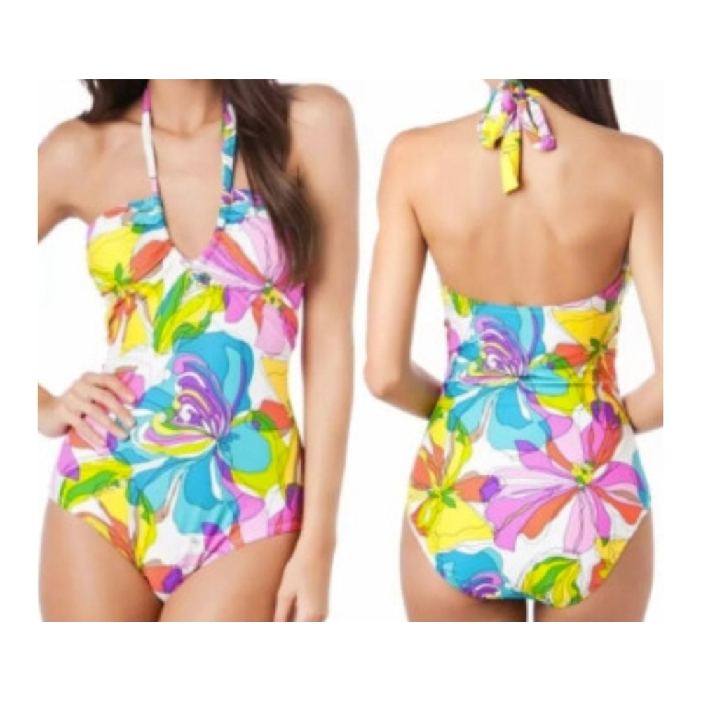Trina Turk Pink and Blue One Piece Halter Swimsuit